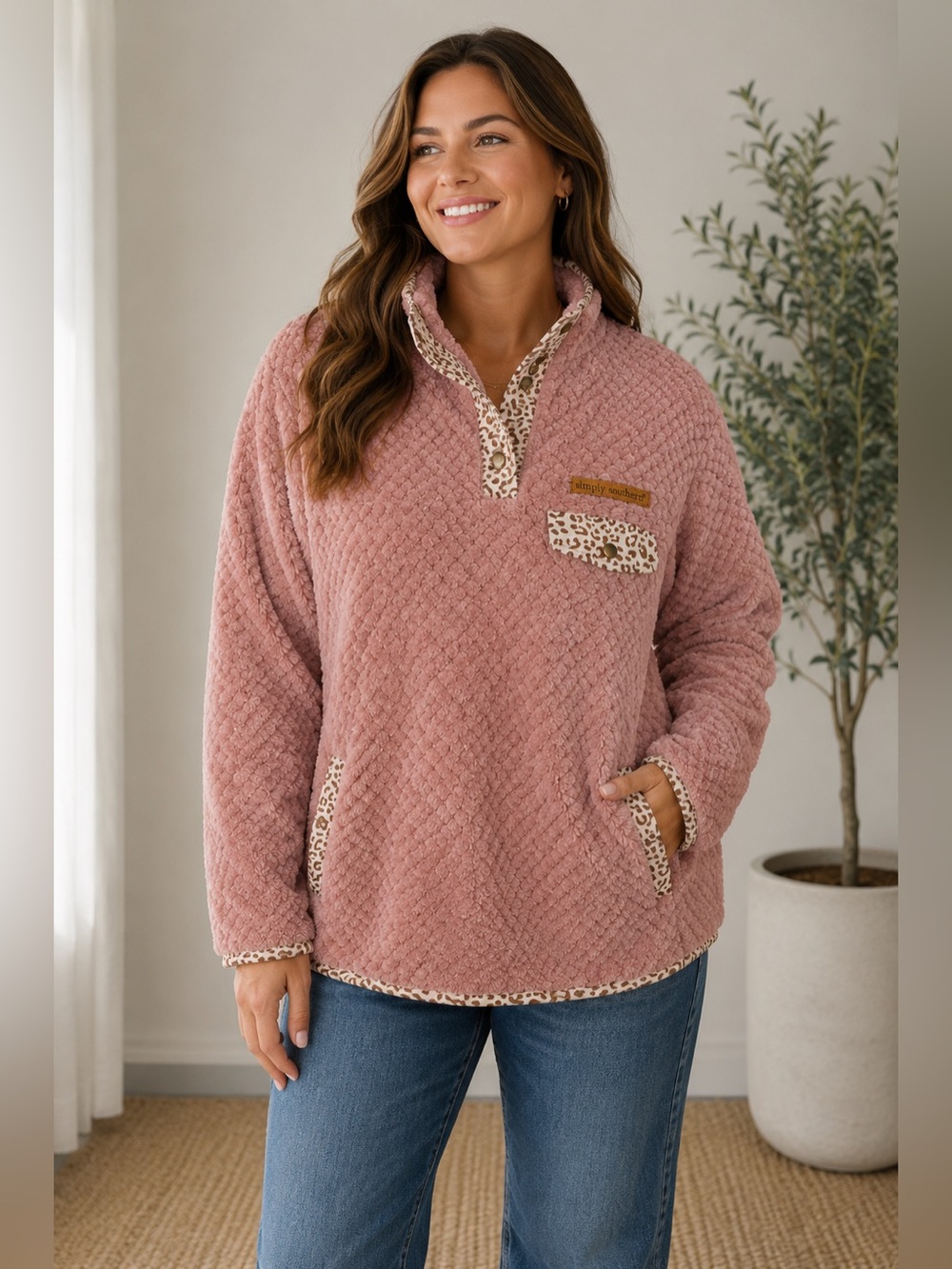 Simply Southern Ladies' Pink Sherpa Jacket with Leopard Trim